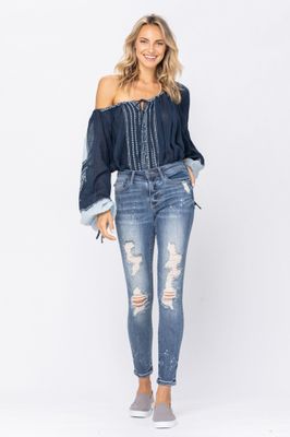 Mid Rise Skinny Bleach Splatter Destroyed Jeans