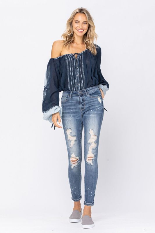 Mid Rise Skinny Bleach Splatter Destroyed Jeans