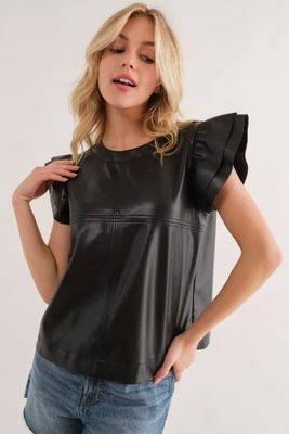 Faux Leather Ruffle Sleeve Top