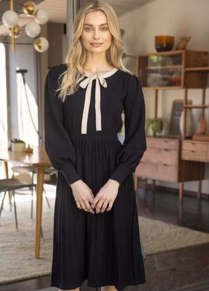 Princess Sleeve Ribbon Neckline midi knit dress