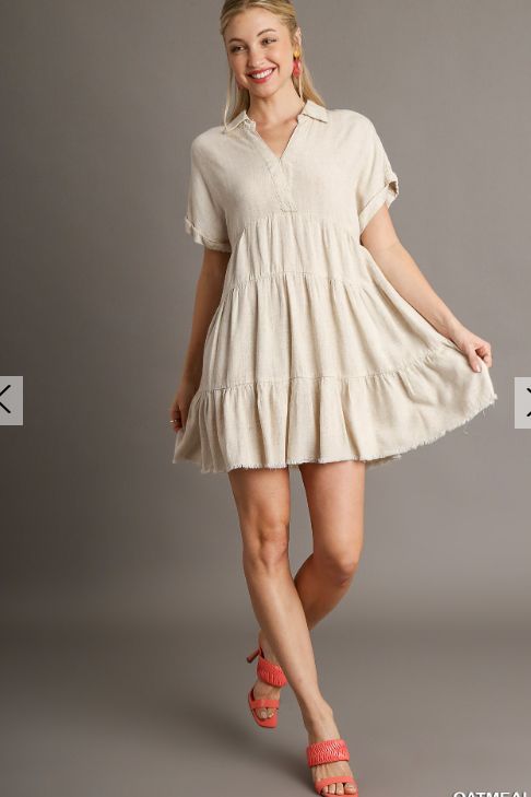 Linen Blend Short Slv Collared Ruffle Tiered Dress 