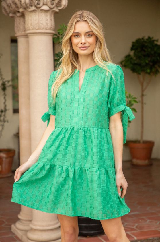 Tie Sleeve Textured Tiered Dress