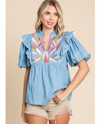 Denim baby doll top, embroidery yoke, ruffled shoulder, short puffed sleeves