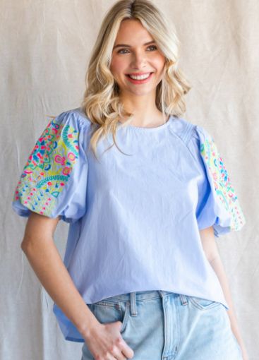 Square Top w/ Bright Floral Detail on Puff Sleeve