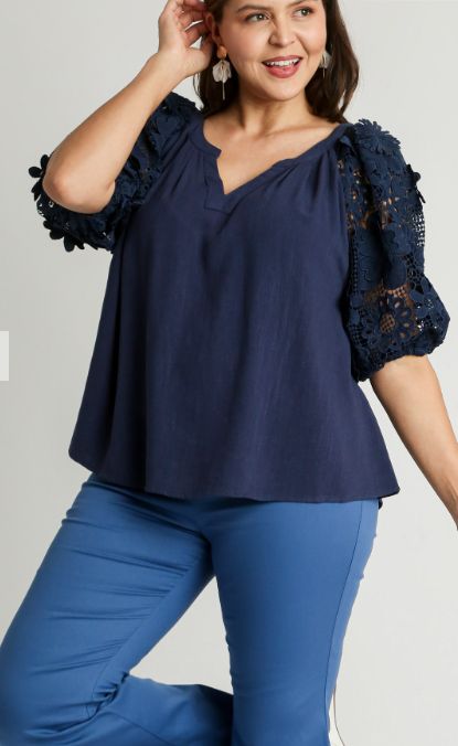 Linen Boxy Cut Slit Neck Top with Floral Detailing Sleeve