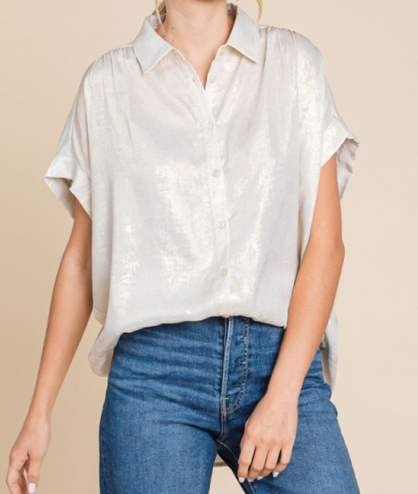 Metallic collared button up top with cuffed short sleeves and ruched shoulders.