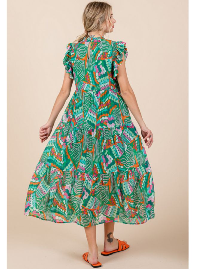 Print chiffon midi dress with a frilled neck, back key hole,