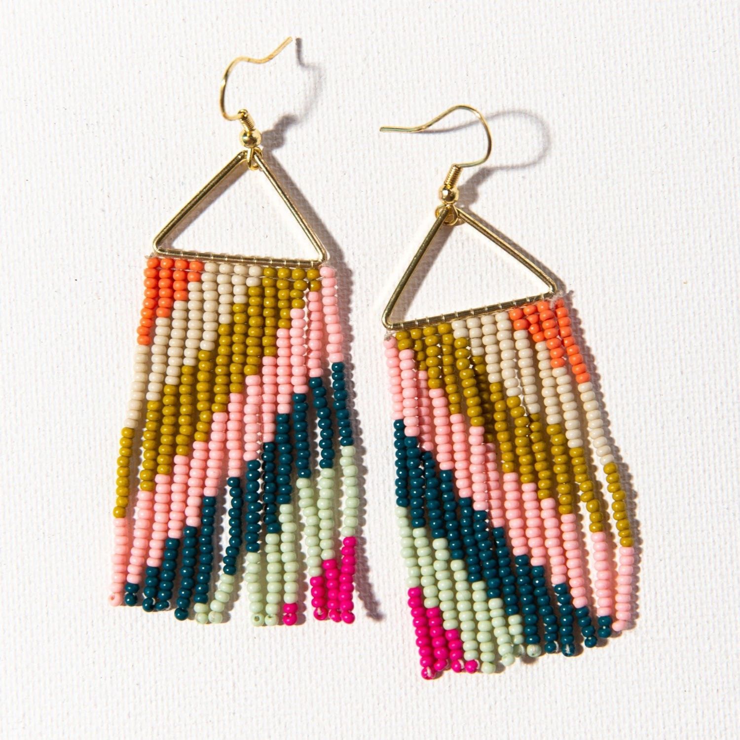 Pink Citron Peacock Diagonal Stripe On Triangle Earring