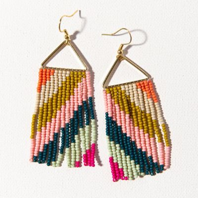 Pink Citron Peacock Diagonal Stripe On Triangle Earring