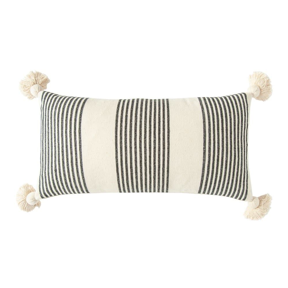 Black Lumbar Striped Pillow w Tassels