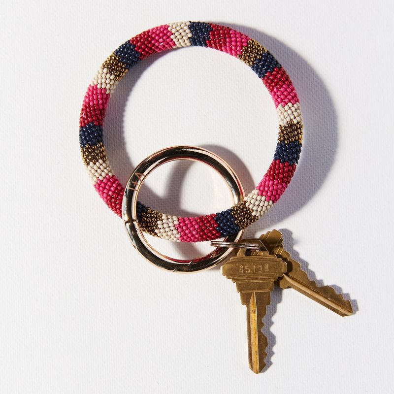 Hot Pink Navy Gold Stripe Seed Bead Key Ring