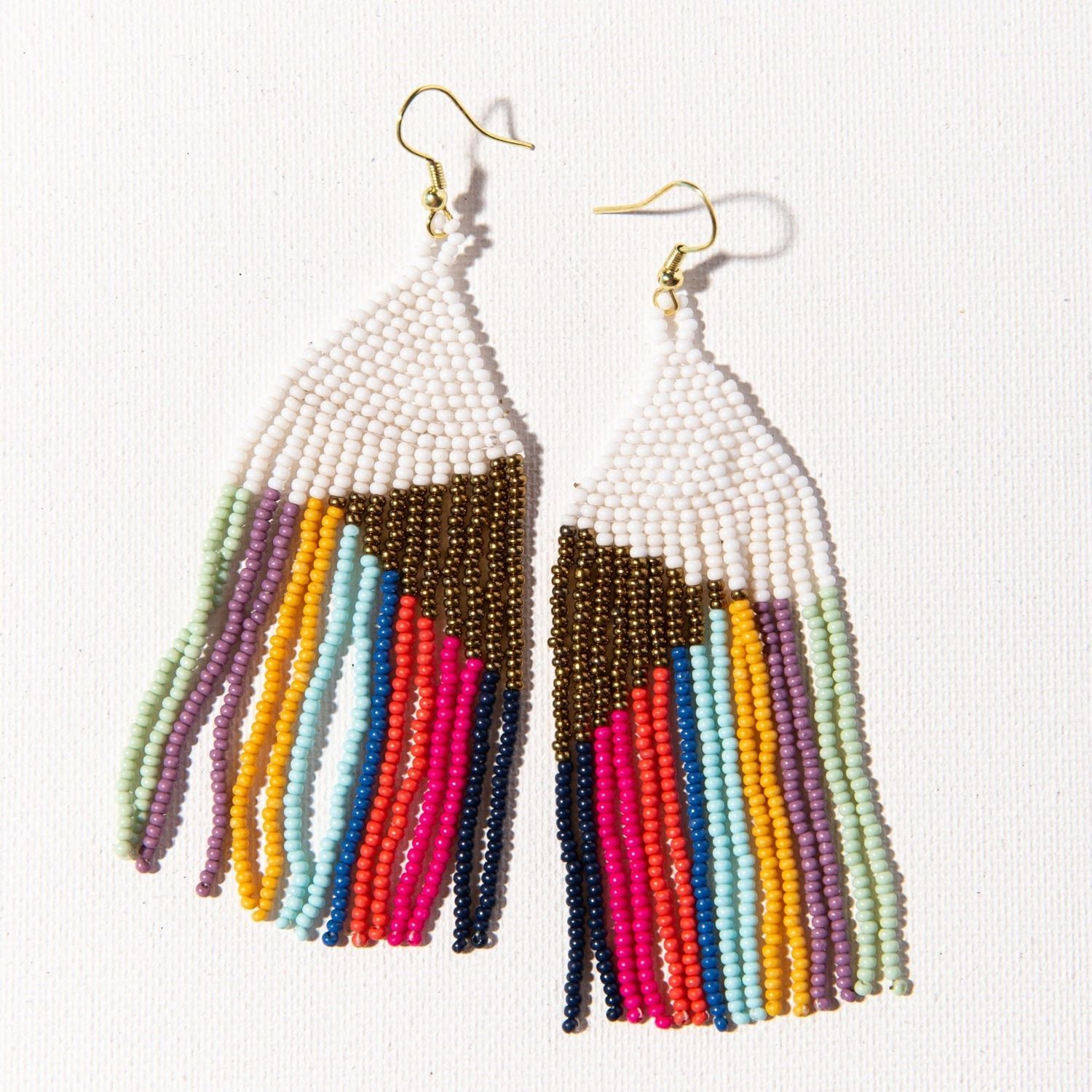 Gold White With Bright Stripes Fringe Earring