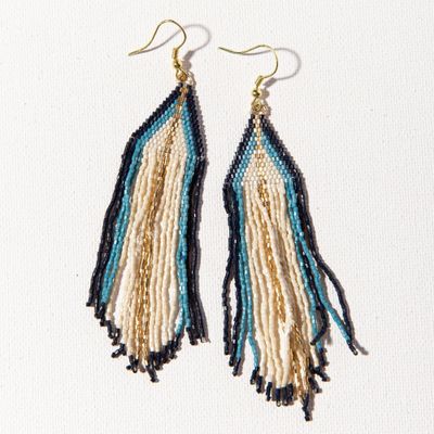 Ivory Navy Blue Ombre Gold Fringe Earrings