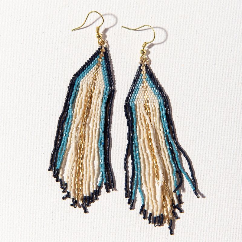 Ivory Navy Blue Ombre Gold Fringe Earrings