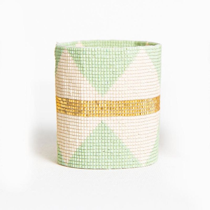 Mint + Ivory Diamond Gold Stripe Luxe Stretch Beaded Bracelet