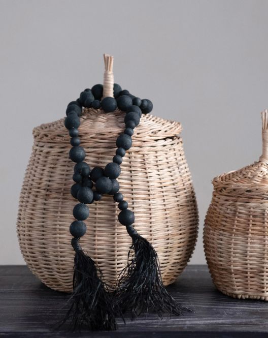 Acacia Wood Bead Garland w/ Raffia Tassel 45&quot;