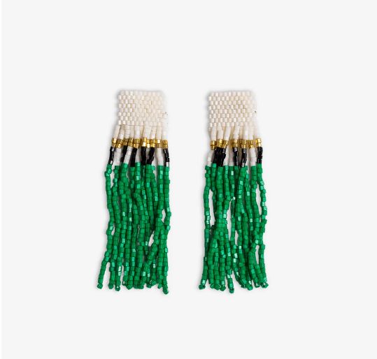 Marilyn Colorblock with Center Vertical Black Stripes Fringe Earrings Kelly Green