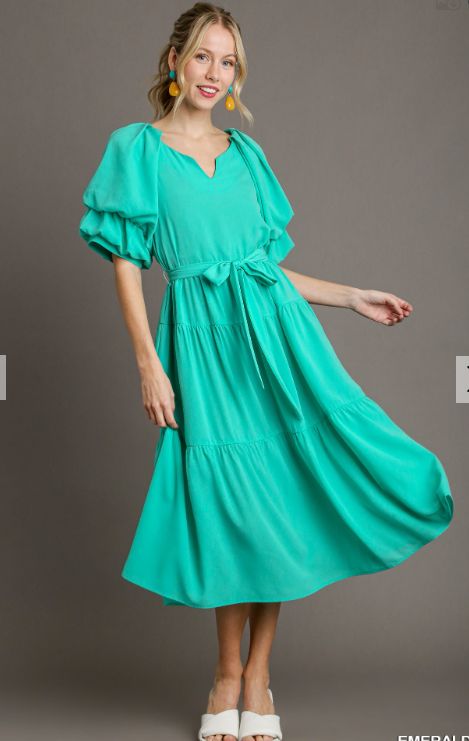 Split Neck Tiered Maxi Dress with Puff Sleeve, Color: Emerald, Size: small