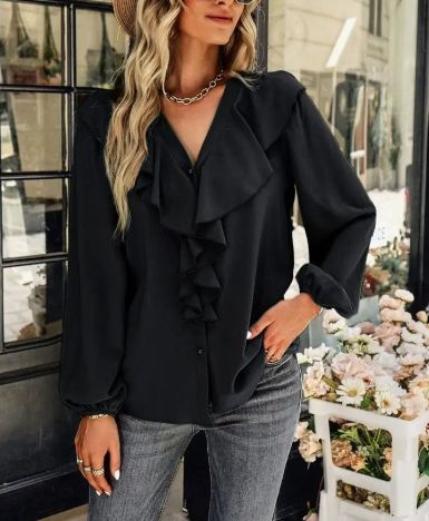 Ruffle Front Vintage Blouse, Color: Black, Size: small