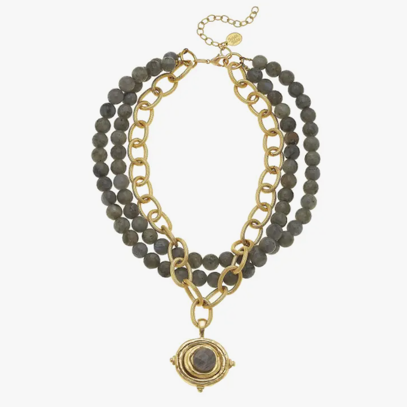 Gold Oval on 3 Row Labradorite Necklace