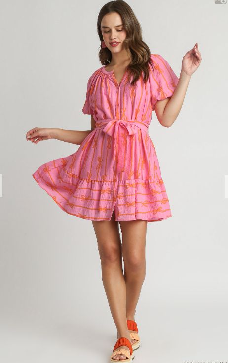 Bow Print Flutter Button Down Dress, Size: small, Color: Pink
