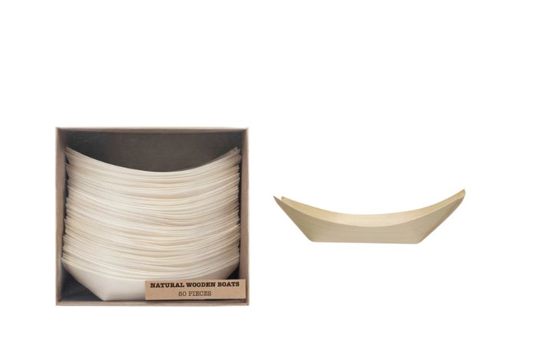 Wood Single Use Snack Boats in Kraft Box set of 50