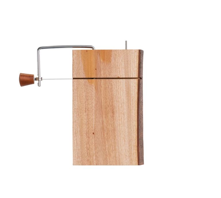 10-1/2&quot; L x 8-1/3&quot;  W Mahogany Wood &amp; Stainless Steel Cheese Slicer w/ Bark Edge, Natural