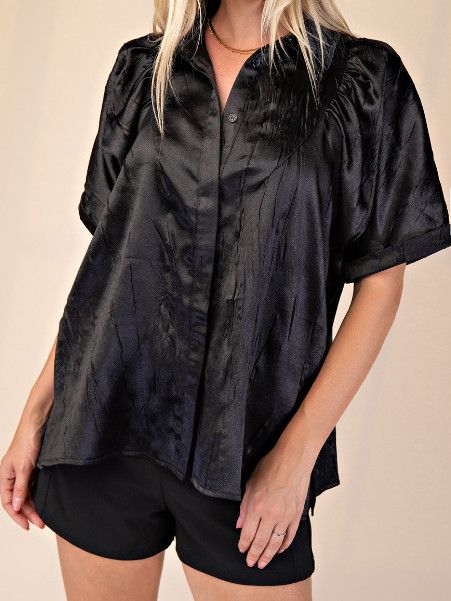 Collar Neck Shirring Button Down Shirt, Color: Black, Size: S