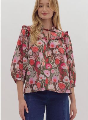 Floral Print Poplin ¾ Puff Sleeved Blouse, Color: Ruby, Size: S