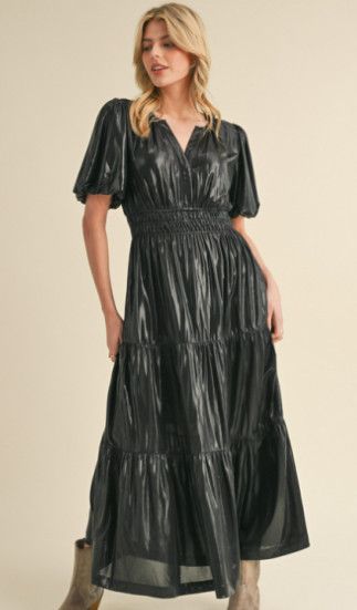 Metallic maxi dress with split neck, smocked waistline, side pockets, puffed short sleeves, and tiered layer.