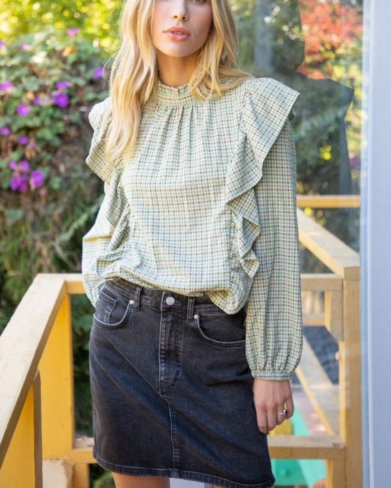 Ruffle Front Long Sleeve Plaid Top
