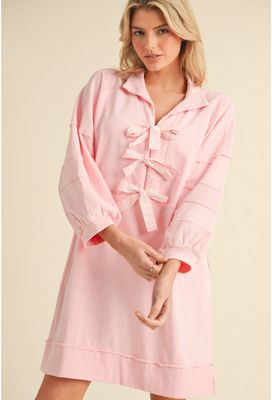 Cotton Dress with Open Collared Neck and Bow Ties Closure