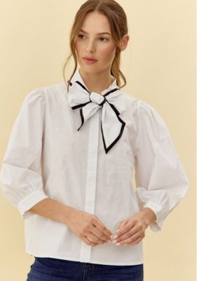Solid top with ribbon-tie neckline featuring color trim detail