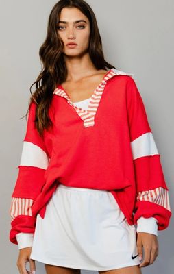French terry knit color-block collared loose fit top