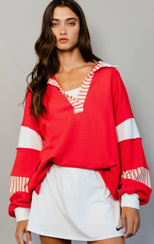 French terry knit color-block collared loose fit top