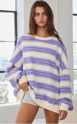 Striped terry oversized sweatshirt top, Color: Lavender/Purple, Size: small