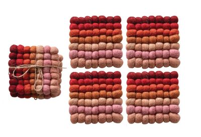Square Handmade Wool Felt Ball Coasters, Set of 4