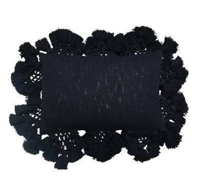 Cotton Slub Lumbar Pillow with Crochet &amp; Tassels- Black