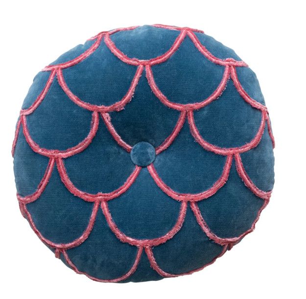 Round Cotton Pillow w/ Tufted Scallop Pattern- Navy Blue &amp; Pink