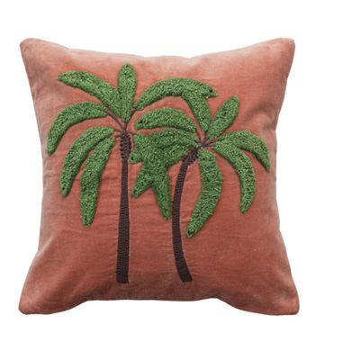 Square Cotton Velvet Pillow w/ Embroidered Tufted Palm Trees