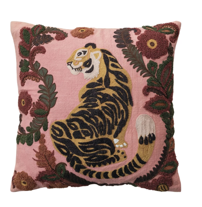 Square Cotton Slub Pillow w/ Embroidered Tiger &amp; Flowers