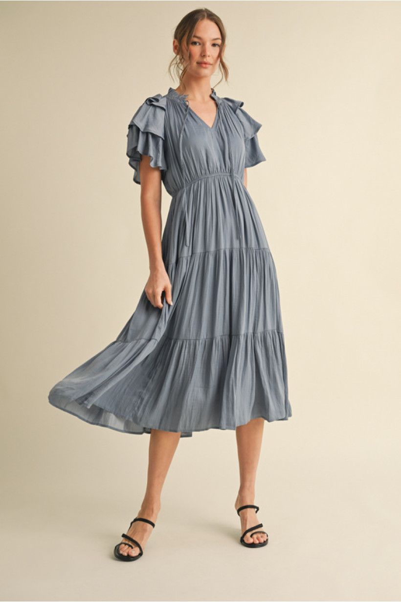 Blue Tiered Ruffle Midi Dress, Size: Small