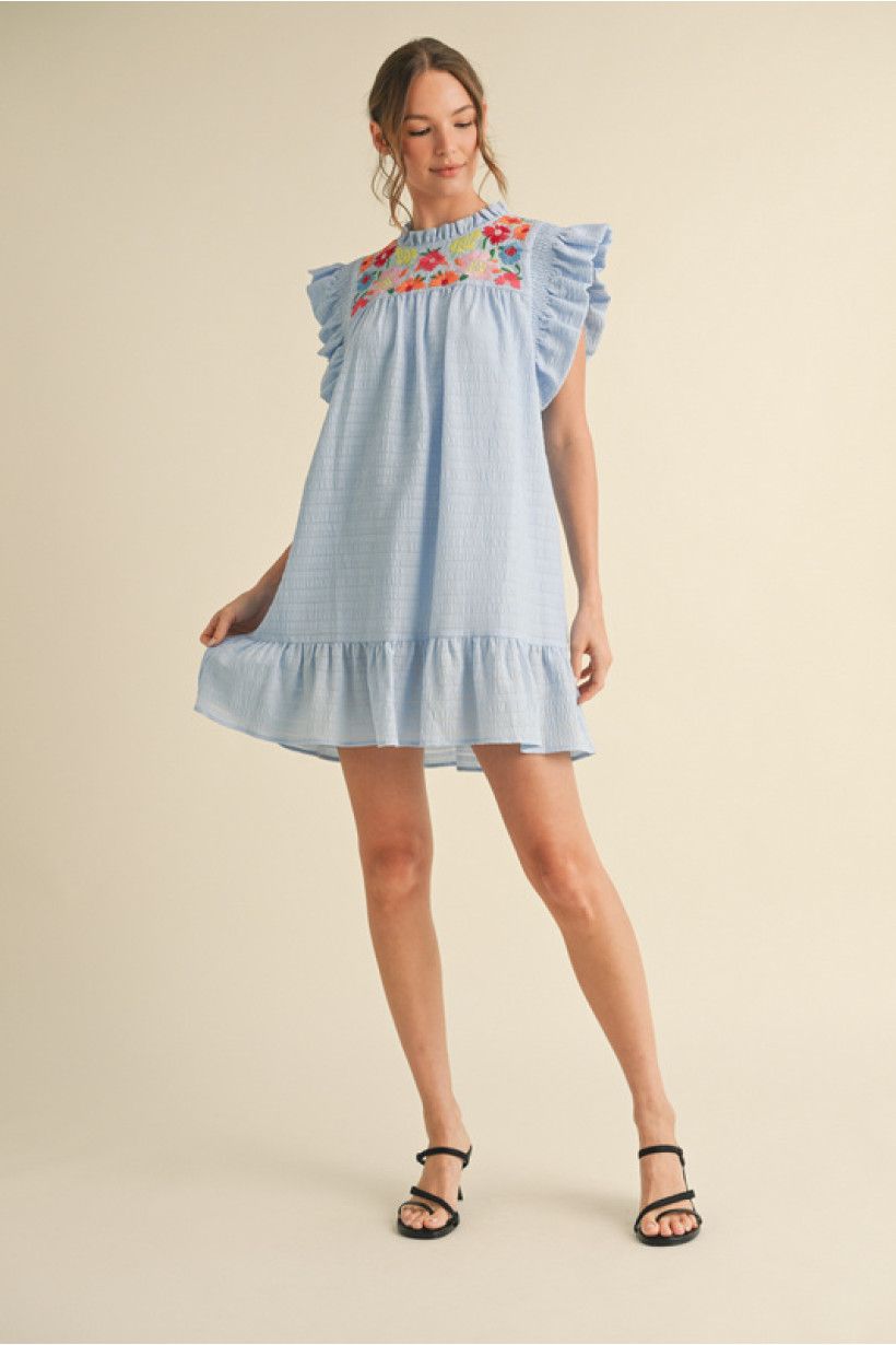 Blue Embroidered Floral Dress, Size: Small