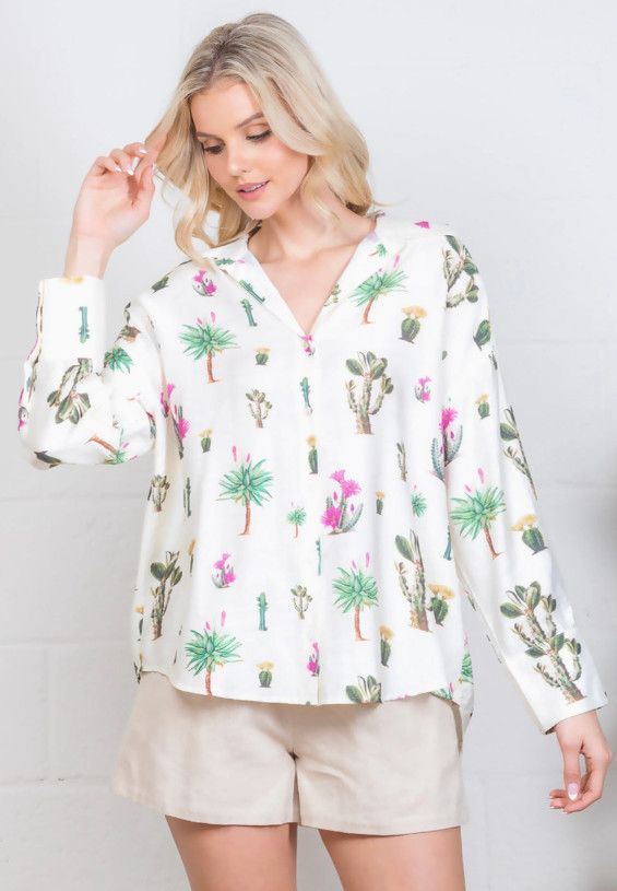 Desert button down long sleeve blouse, Color: Cream, Size: S