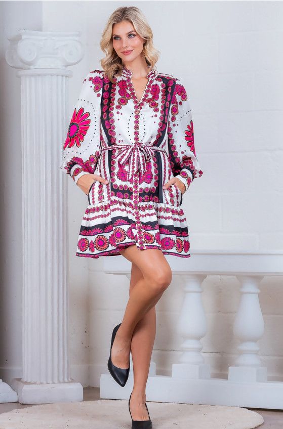 Long cuff sleeve w/ mandarin collar v-neck, Color: Pink, Size: S