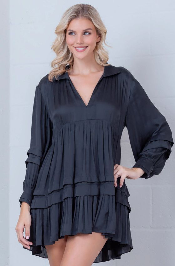 Satin long sleeve v neck collar babydoll, Color: black, Size: S