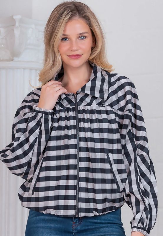 Checkered light weight jacket with bungee cord detail, Color: black/white, Size: S