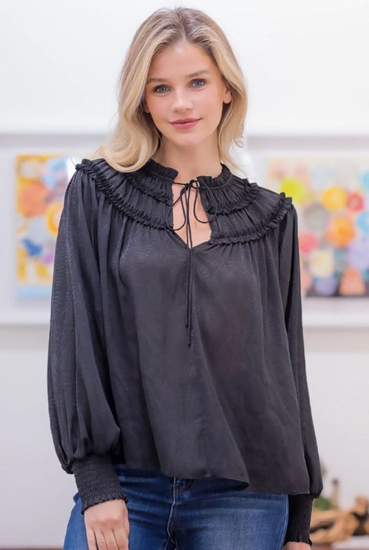 Jacquard long sleeve blouse with ruffle and tie