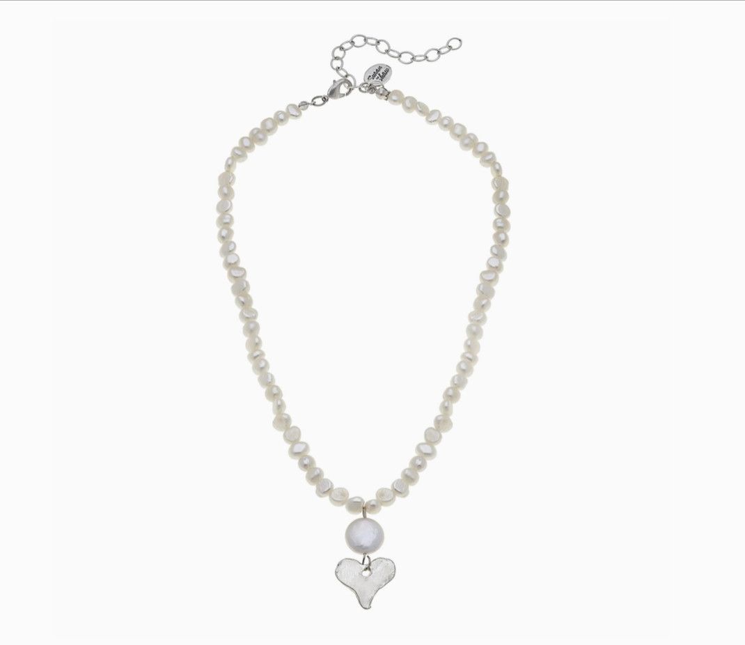Dainty silver heart + coin pearl necklace