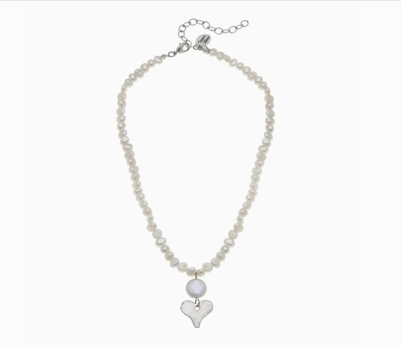 Dainty silver heart + coin pearl necklace